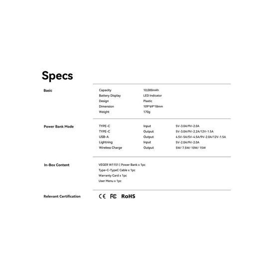 Powerbanka s možností bezdrátového nabíjení MagSafe 10000 mAh PD QC3.0 2A 20W bílá - VEGER