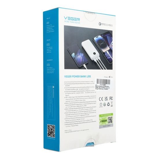 Powerbanka L20S 20 000mAh LCD, rychlonabíjecí 20W bílá - VERGER