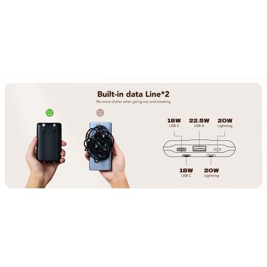 Powerbanka 10 000mAh PD QC3.0 22.5W s USB-C a Apple Lightning kabelem černá - VEGER C11