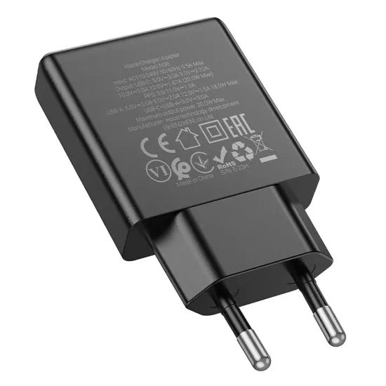 Štíhlá nástěnná nabíječka HOCO USB A + Type C PD QC3.0 3A 20W N38 - černá