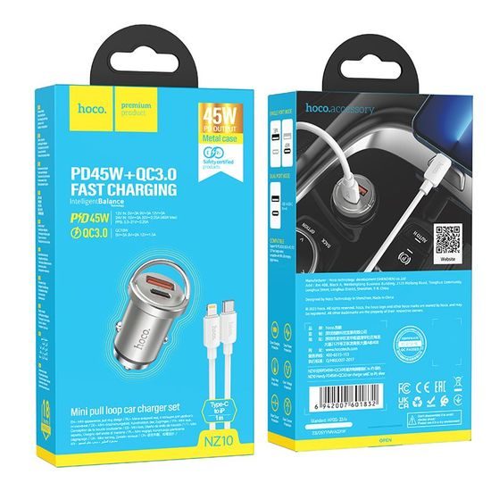 Nabíječka do auta 2 x USB QC3.0 18W + Typ C PD 45W kabel Typ C pro Iphone Lightning 8pin Handy NZ10 stříbrný - HOCO