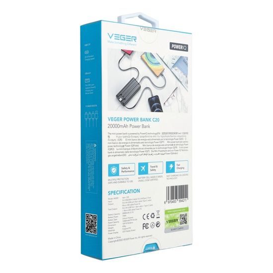 Powerbanka C20 20 000mAh (Micro + Typ C + Lightning) černá - VEGER