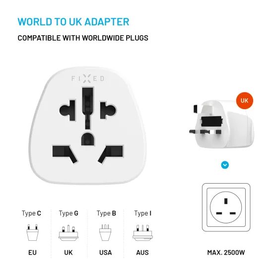 Adaptér FIXED UK Adapter pro zapojení EU, US, AUS zařízení do UK zásuvek, bílý