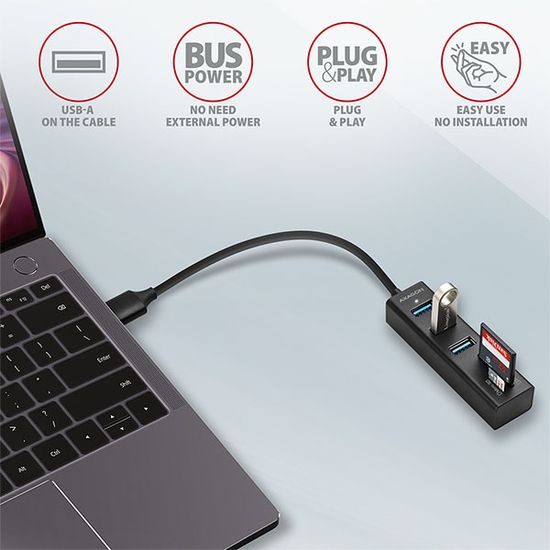 AXAGON HMA-CR3A rozbočovač / redukcia, rozbočovač USB 3.2 Gen 1, 3x porty USB-A + čítačka kariet SD/microSD, kov, kábel USB-A 20