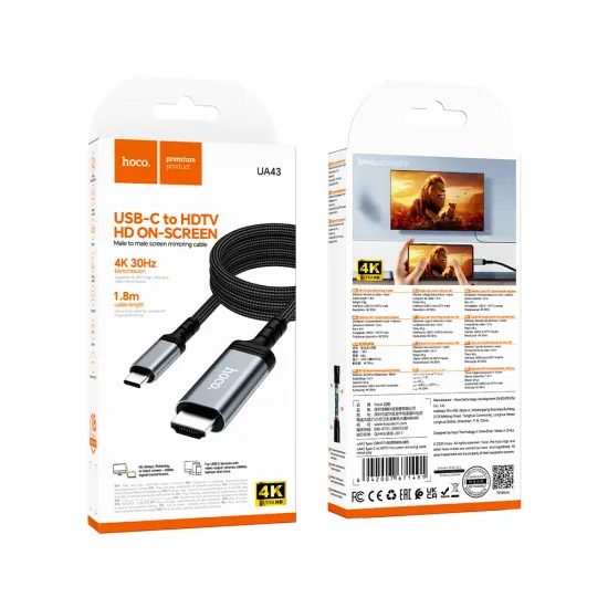 Kabel USB-C/HDMI 4K 30 Hz, 1,8 m, UA43, šedý - Hoco