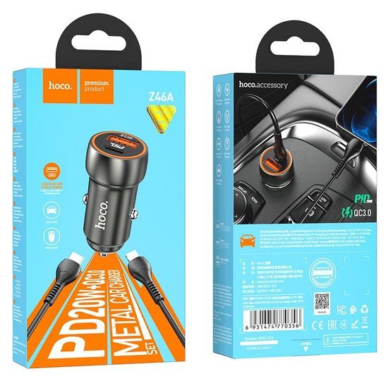 Nabíječka do auta Type C + USB QC3.0 Power Delivery 20W s kabelem pro iPhone Lightning 8pin Z46A kovově šedá - HOCO