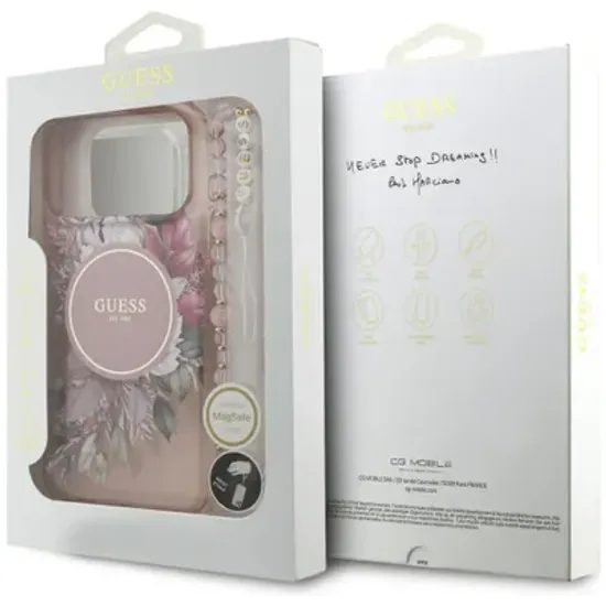 Obal / kryt na Apple iPhone 17 Pro Max MagSfe růžový - Flowers with Pearl Strap GUESS