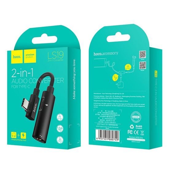 Adaptér AUX 2in1 Type C to Jack 3,5 mm / Type C LS19 černý - HOCO