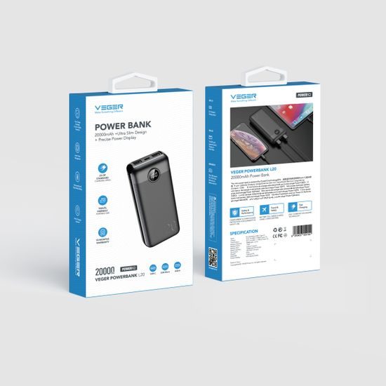 Powerbanka 20000mAh PD QC3.0 2A 20W černá - VEGER L20S