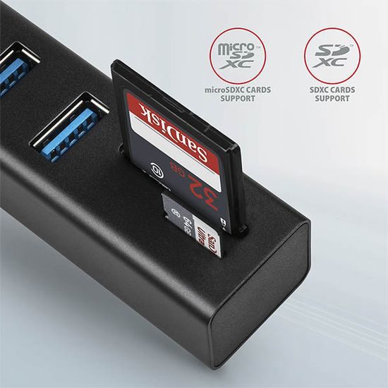 AXAGON HMA-CR3A rozbočovač / redukcia, rozbočovač USB 3.2 Gen 1, 3x porty USB-A + čítačka kariet SD/microSD, kov, kábel USB-A 20