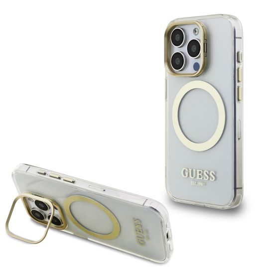 Obal / kryt na Apple iPhone 15 Pro Max s MagSafe a stojánkem, průhledný - Guess IML Gold Outline Stand Camera Frame MagSafe