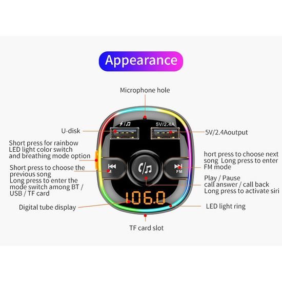 Transmiter FM MP3 bluetooth 5.0 + čtečka karet TF + 2xUSB QC3.0 BC52L