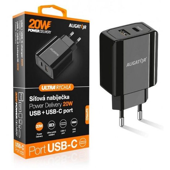 Aligator POWER DELIVERY 20W, USB + USB-C, čierna