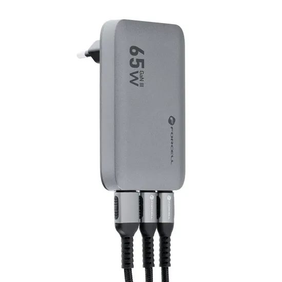 Ultra tenký síťový adaptér GaN III 2 x Type C + USB A, PD QC4.0 4A 65W šedá - FORCELL F-ENERGY