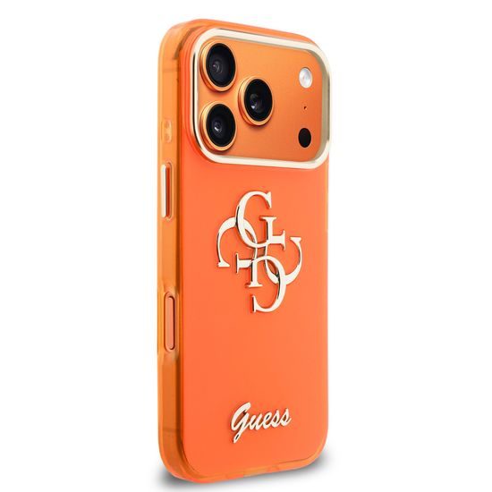Obal / kryt na Apple iPhone 17 Pro oranžový - Guess IML 4G Script Metal Logo