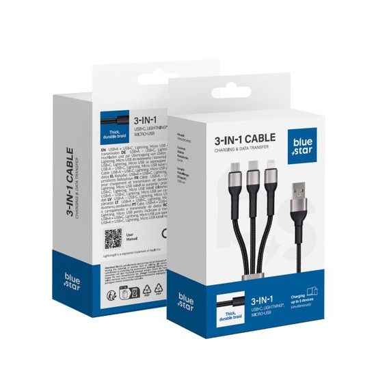 Datový kabel 3in1 Type micro USB / USB C / Lightning 3A Cafule 1,2 černý - BLUE STAR