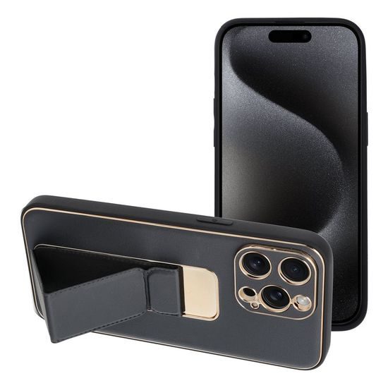 Obal / kryt na Apple iPhone 15 PRO MAX čierne - LEATHER Case Kickstand