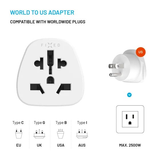 Adaptér FIXED pro zapojení EU, UK, US, AUS nabíječek do USA zásuvek, bílý