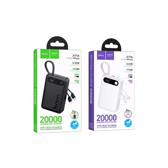 Powerbanka Hoco 20000 mAh Qc Pd 2A 22,5W s vestavěnými kabely USB C + Lightning J171A bílá