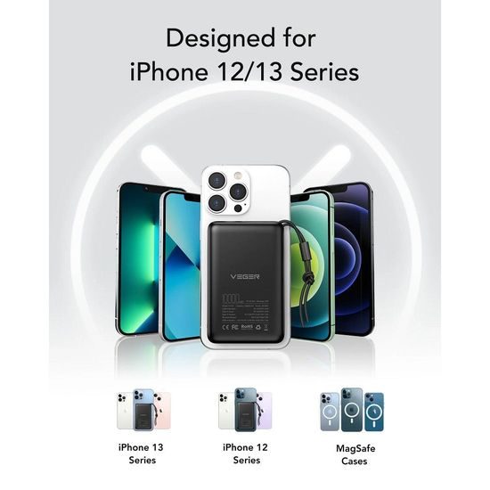 Powerbanka 10 000 mAh s bezdrátovým nabíjením MagSafe PD QC3.0 2A 20W černá - VEGER