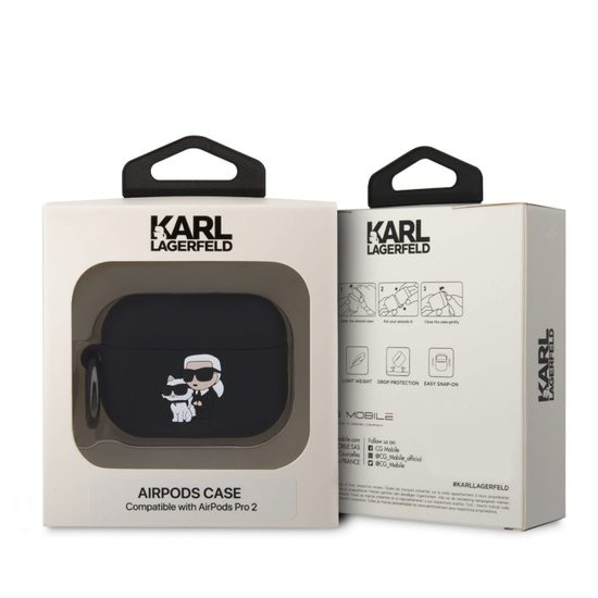 Obal na sluchátka Apple Airpods Pro 2 černý - Karl Lagerfeld a Choupette 3D NFT Logo