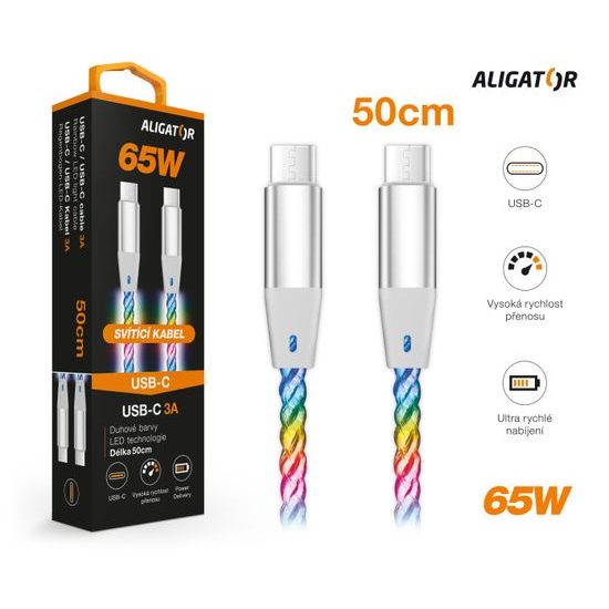 Datový kabel ALIGATOR POWER 3A 65W, USB-C/USB-C, 0,5m svítící