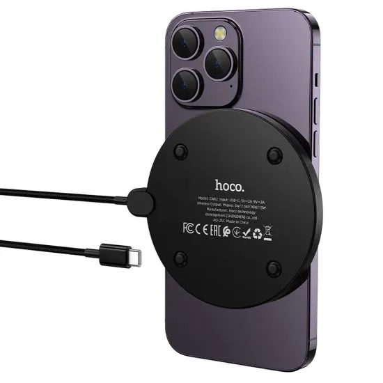 Bezdrátová nabíječka 15W s USB-C kabelem a digitálním displejem, černá - HOCO