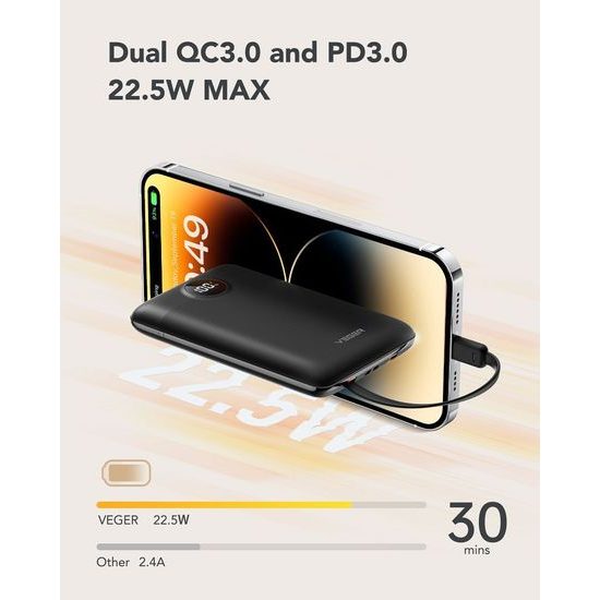 Powerbanka 10 000mAh PD QC3.0 22.5W s USB-C a Apple Lightning kabelem černá - VEGER C11