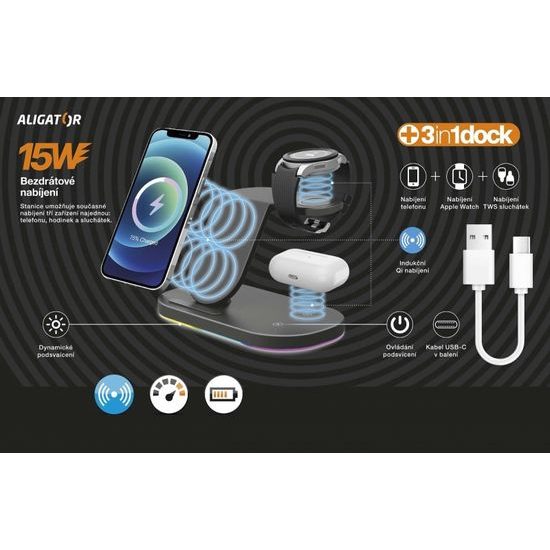 Bezdrátová nabíjecí stanice Aligator Smart Station S 15W, 3v1, černá