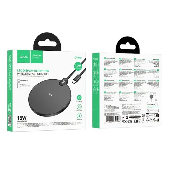 Bezdrátová nabíječka 15W s USB-C kabelem a digitálním displejem, černá - HOCO