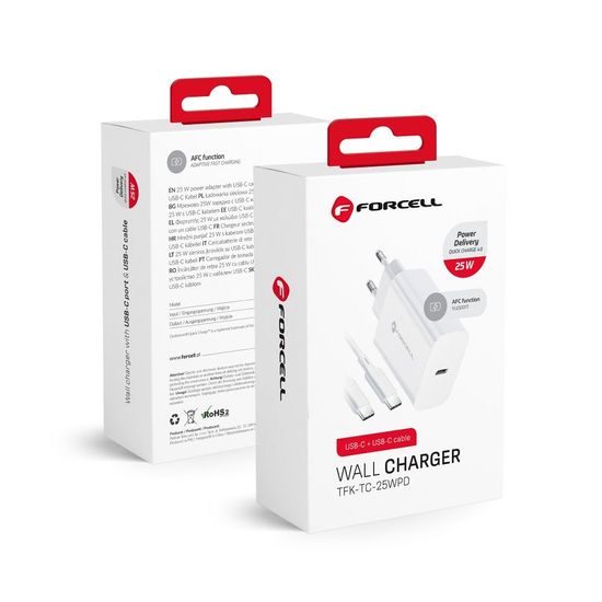 Cestovní nabíječka Forcell vstup USB C s kabelem Typ C - 3A 25W s funkcí PD a QC 4.0