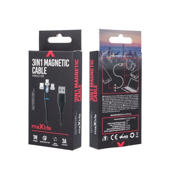 Magnetický datový kabel Lightning + USB-C + microUSB 1m 3A černý - Maxlife
