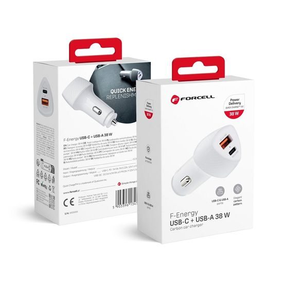 Nabíjačka do auta typ C 3.0 PD20W + USB QC3.0 18W 5A biela (spolu 38W) - FORCELL CARBON