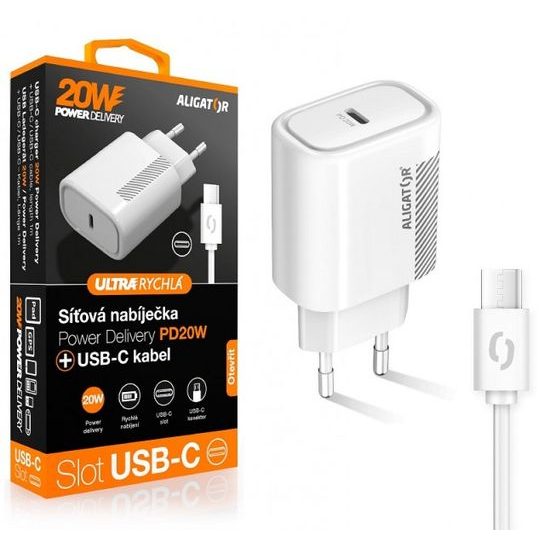 Síťová nabíječka 20W, USB-C, bílá, USB-C/USB-C kabel Aligator
