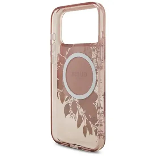 Obal / kryt na Apple iPhone 17 Pro Max MagSfe růžový - Flowers with Pearl Strap GUESS