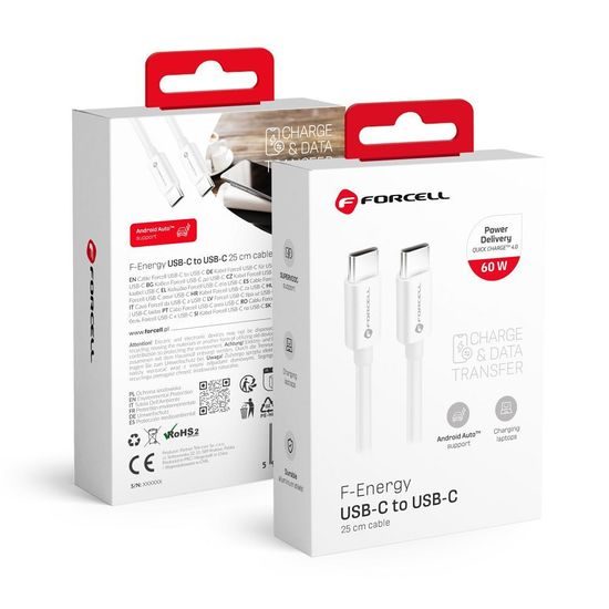 Kabel Type-C / Type-C QC4.0 3A/20V PD60W, 25 cm - bílý Forcell