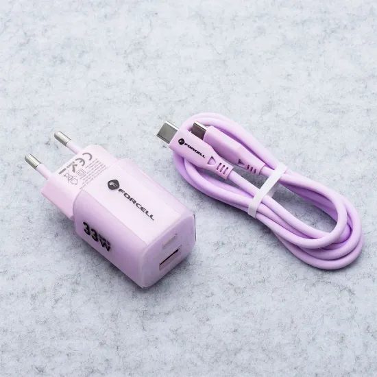 Cestovní nabíječka 33W GaN3 s kabelem, USB C + USB A růžová - FORCELL