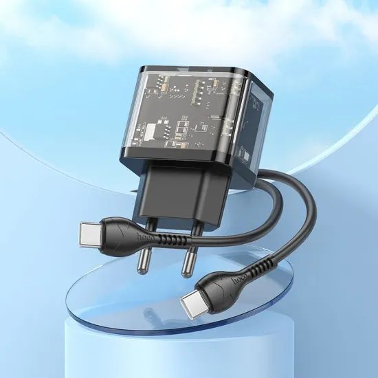Nabíječka 1x USB-A 1X USB-C 20W transparentní + kabel 1m USB-C / USB-C černý - HOCO