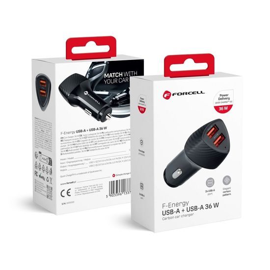 Nabíjačka do auta USB QC 3.0 18W + USB QC 3.0 18W čierna (spolu 36W) - FORCELL CARBON