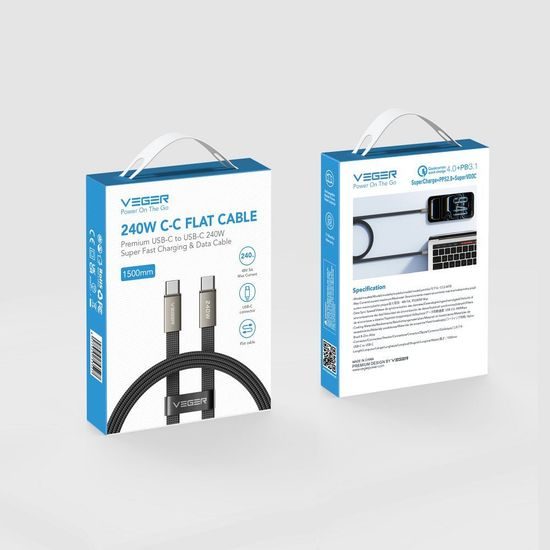 Plochý kabel USB-C na USB-C VEGER PD 5 A 240 W CC2-MTB 1,5 m černý