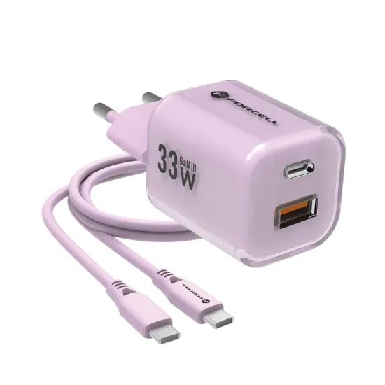 Cestovní nabíječka 33W GaN3 s kabelem, USB C + USB A růžová - FORCELL