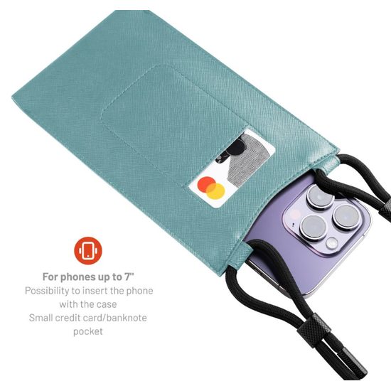 Taštička přes rameno s kapsou FIXED Verona s černou šňůrkou pro mobilní telefony do 7", světle tyrkysová