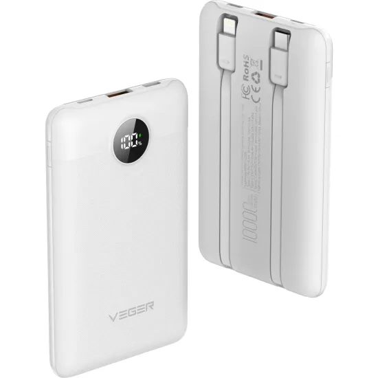 Powerbanka VEGER 10 000 mAh with built-in cables Type C / Lightning PD QC3.0 2A 22,5W C11C (W1170) bílá