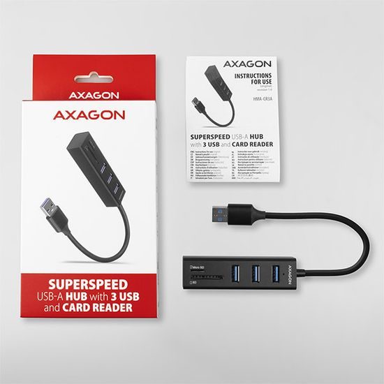 AXAGON HMA-CR3A rozbočovač / redukcia, rozbočovač USB 3.2 Gen 1, 3x porty USB-A + čítačka kariet SD/microSD, kov, kábel USB-A 20