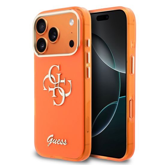 Obal / kryt na Apple iPhone 17 Pro oranžový - Guess IML 4G Script Metal Logo