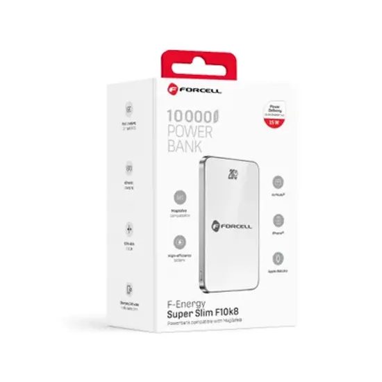 Tenká powerbanka Forcell F-Energy Super Slim F10k8 s MagSafe PD3.0 QC4.0 15W 10000mAh - bílá