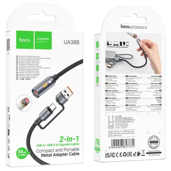 Zapalovač s kabelem USB A / Typ C černý 0,3 cm - HOCO