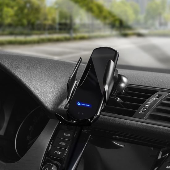 Držiak do auta s automatickým snímačom + bezdrôtové nabíjanie + magnetické adaptéry HS1 15W čierny - Forcell