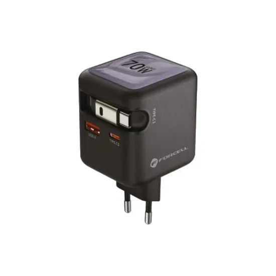 Nabíječka GaN USB C + USB A + samonavíjecí kabel USB C PD QC4.0 3A 70W šedá - Forcell