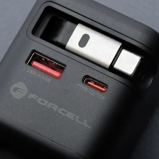 Nabíječka GaN USB C + USB A + samonavíjecí kabel USB C PD QC4.0 3A 70W šedá - Forcell